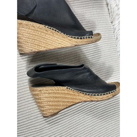 Celine Paris Leather Espadrille Wedge Heel Size 41 US 11 Black Peep Toe - Picture 3 of 8